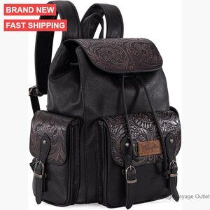 Floral Tooled Leather Backpack Purse with Laptop Compartment Travel Bag